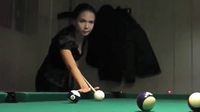 Long Hair High Definition sex Movies Newbie seductive brunette Natasha in black garments has thrill with long haired stud at pool table